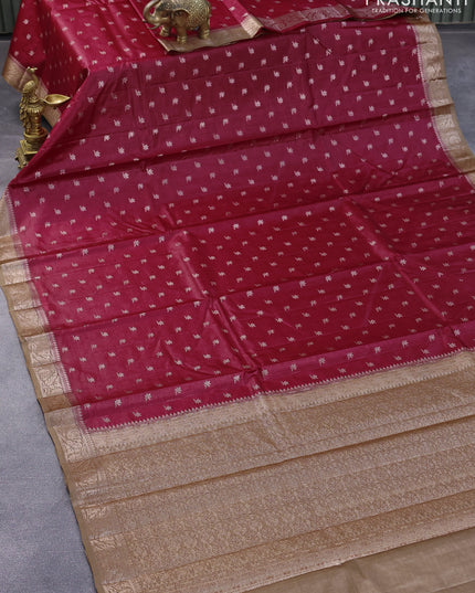 Banarasi tussar silk saree maroon and pastel brown with thread & zari woven floral buttas and woven border