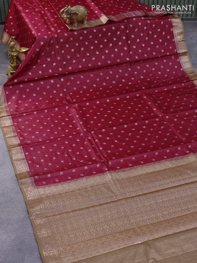 Banarasi tussar silk saree maroon and pastel brown with thread & zari woven floral buttas and woven border