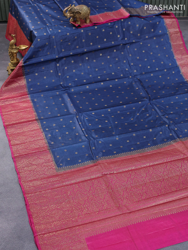 Banarasi tussar silk saree dark peacock blue and magenta pink with thread & zari woven floral buttas and woven border