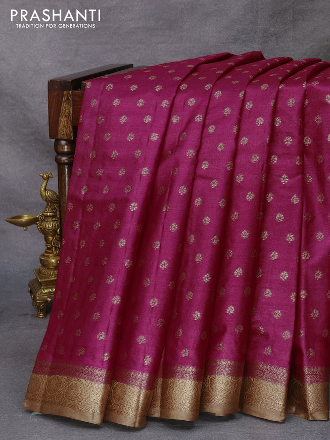 Banarasi tussar silk saree magenta pink and pastel brown with thread & zari woven floral buttas and woven border