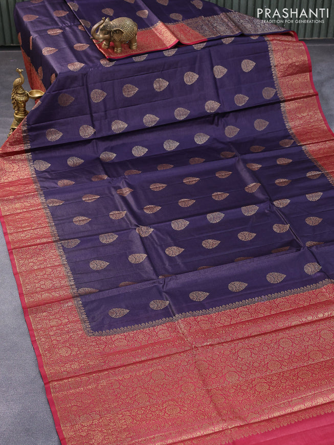 Banarasi tussar silk saree dark blue and pink with thread & zari woven buttas and woven border