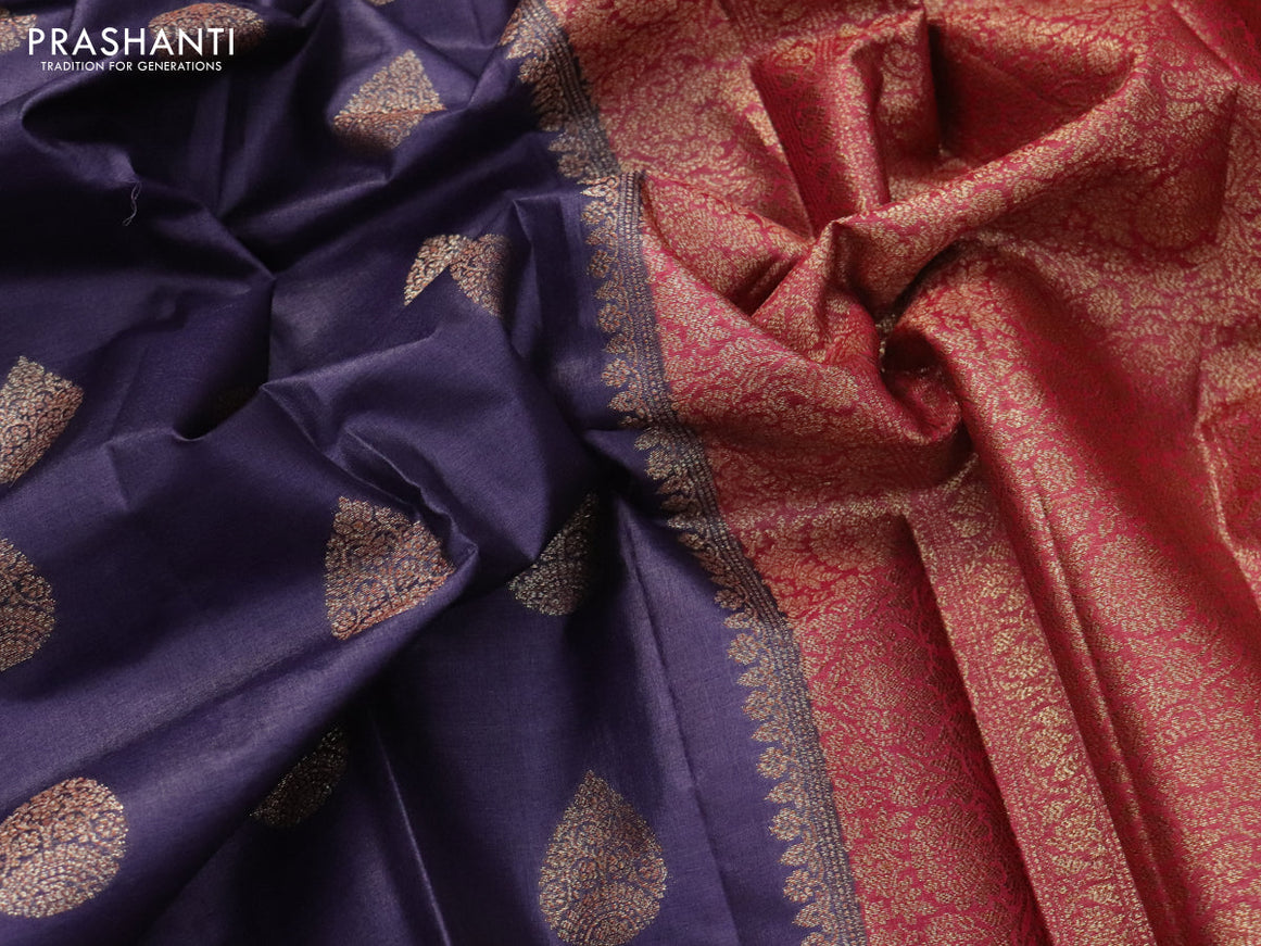 Banarasi tussar silk saree dark blue and pink with thread & zari woven buttas and woven border
