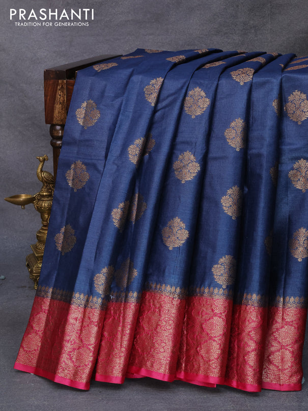 Banarasi tussar silk saree blue and magenta pink with thread & zari woven buttas and woven border