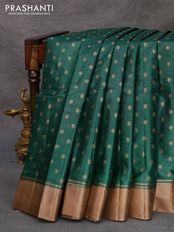 Banarasi tussar silk saree green and dark sandal with allover thread & zari woven buttas and simple border