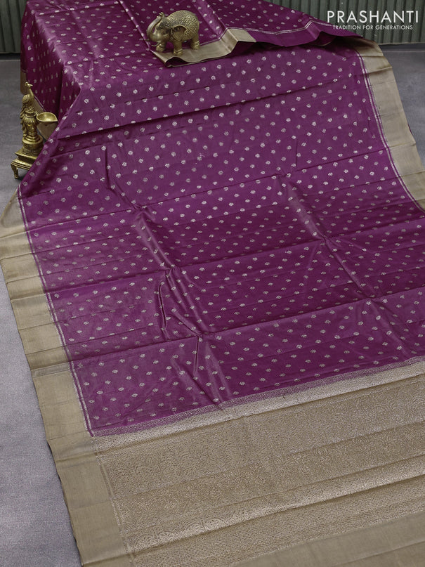 Banarasi tussar silk saree dark magenta and dark sandal with allover thread & zari woven buttas and simple border