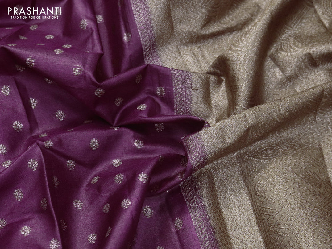 Banarasi tussar silk saree dark magenta and dark sandal with allover thread & zari woven buttas and simple border