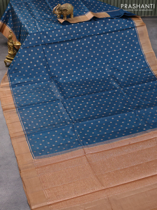 Banarasi tussar silk saree peacock blue and dark sandal with allover thread & zari woven buttas and simple border