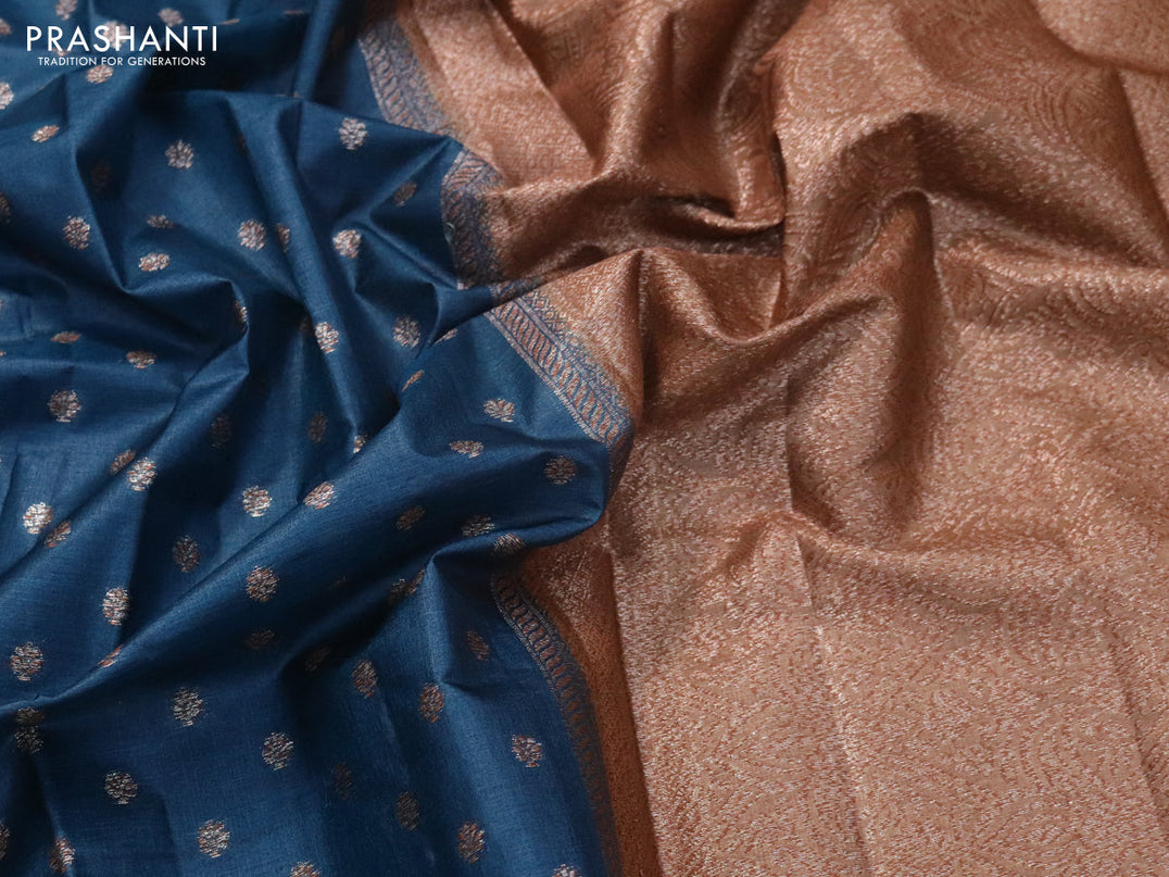 Banarasi tussar silk saree peacock blue and dark sandal with allover thread & zari woven buttas and simple border