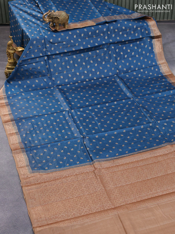 Banarasi tussar silk saree peacock blue and pastel brown with allover thread & zari woven buttas and woven border