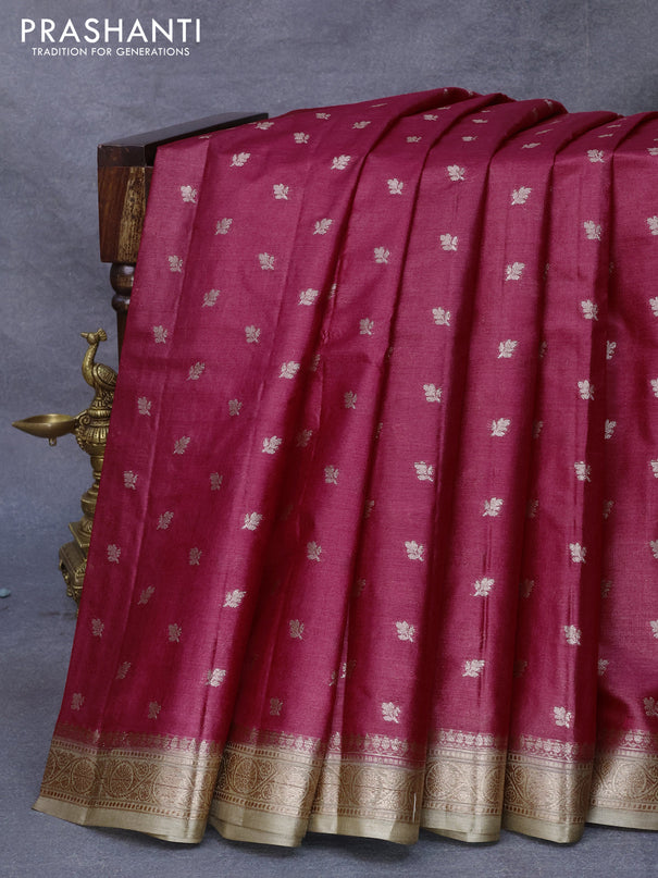 Banarasi tussar silk saree maroon and beige with allover thread & zari woven buttas and woven border