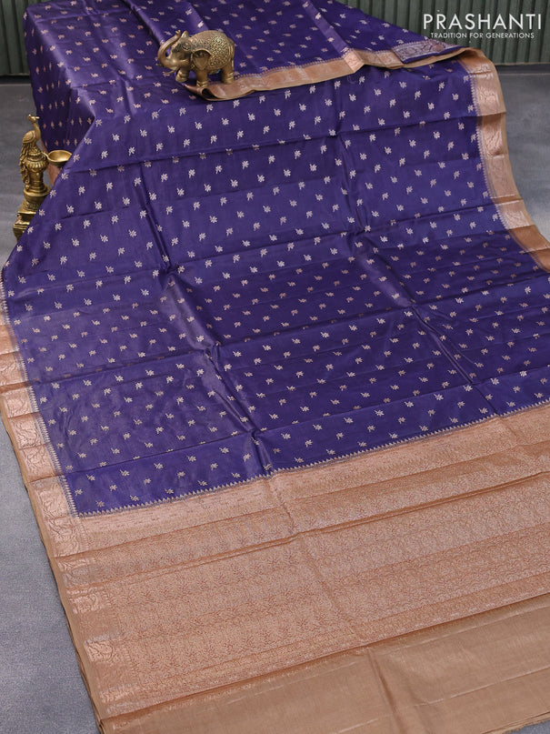 Banarasi tussar silk saree dark blue and brown shade with allover thread & zari woven floral buttas and woven border
