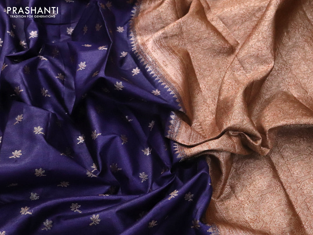Banarasi tussar silk saree dark blue and brown shade with allover thread & zari woven floral buttas and woven border