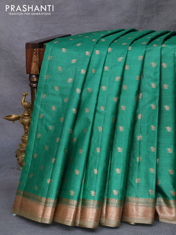 Banarasi tussar silk saree green and beige with allover thread & zari woven floral buttas and woven border