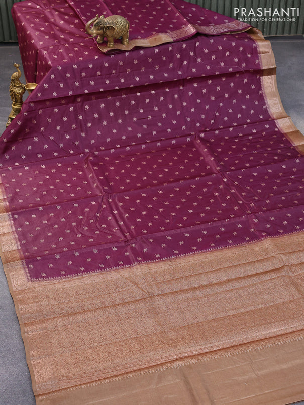 Banarasi tussar silk saree wine shade and brown shade with allover thread & zari woven floral buttas and woven border