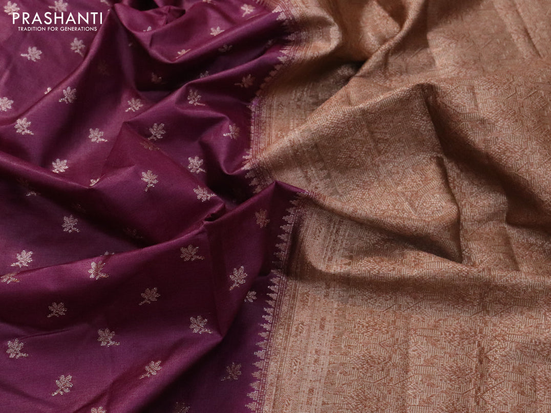 Banarasi tussar silk saree wine shade and brown shade with allover thread & zari woven floral buttas and woven border