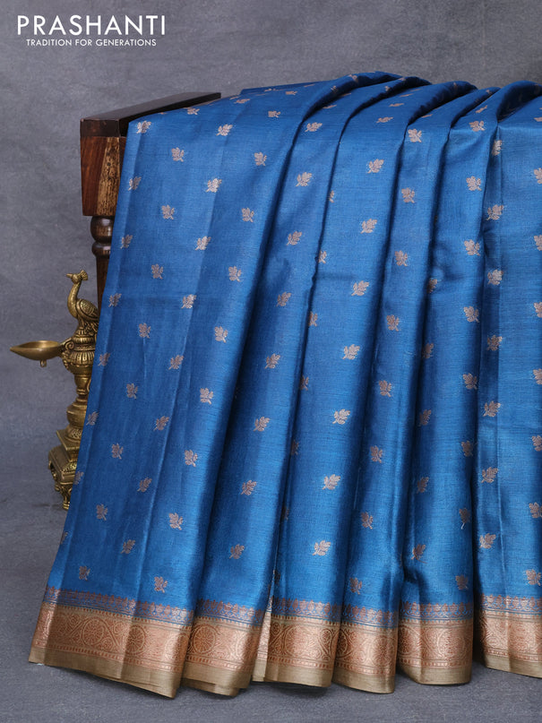 Banarasi tussar silk saree peacock blue and khaki shade with allover thread & zari woven floral buttas and woven border