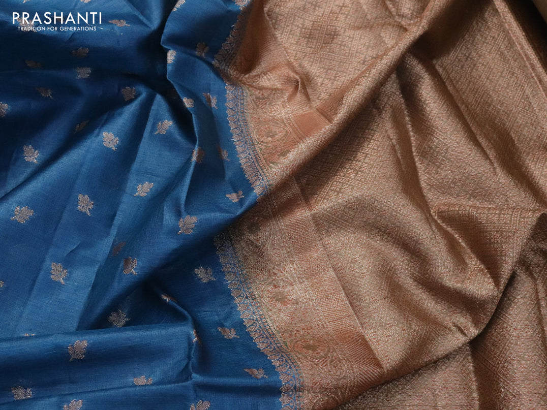 Banarasi tussar silk saree peacock blue and khaki shade with allover thread & zari woven floral buttas and woven border