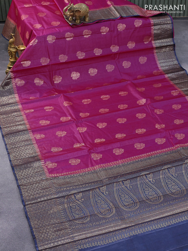 Banarasi tussar silk saree magenta pink and navy blue with thread & zari woven buttas and woven border