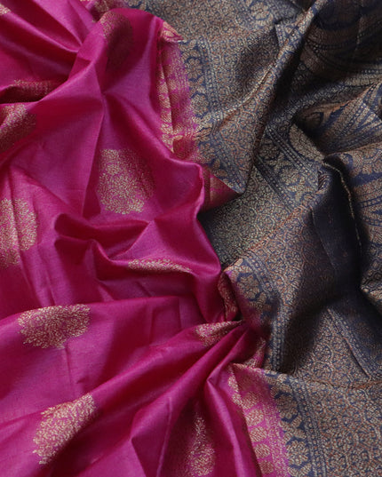 Banarasi tussar silk saree magenta pink and navy blue with thread & zari woven buttas and woven border