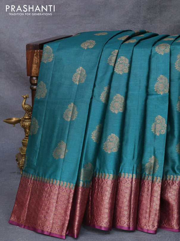 Banarasi tussar silk saree peacock green and purple with thread & zari woven buttas and woven border