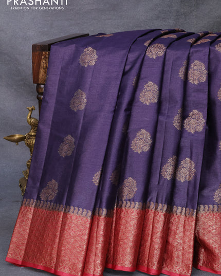 Banarasi tussar silk saree dark blue and maroon with thread & zari woven buttas and woven border