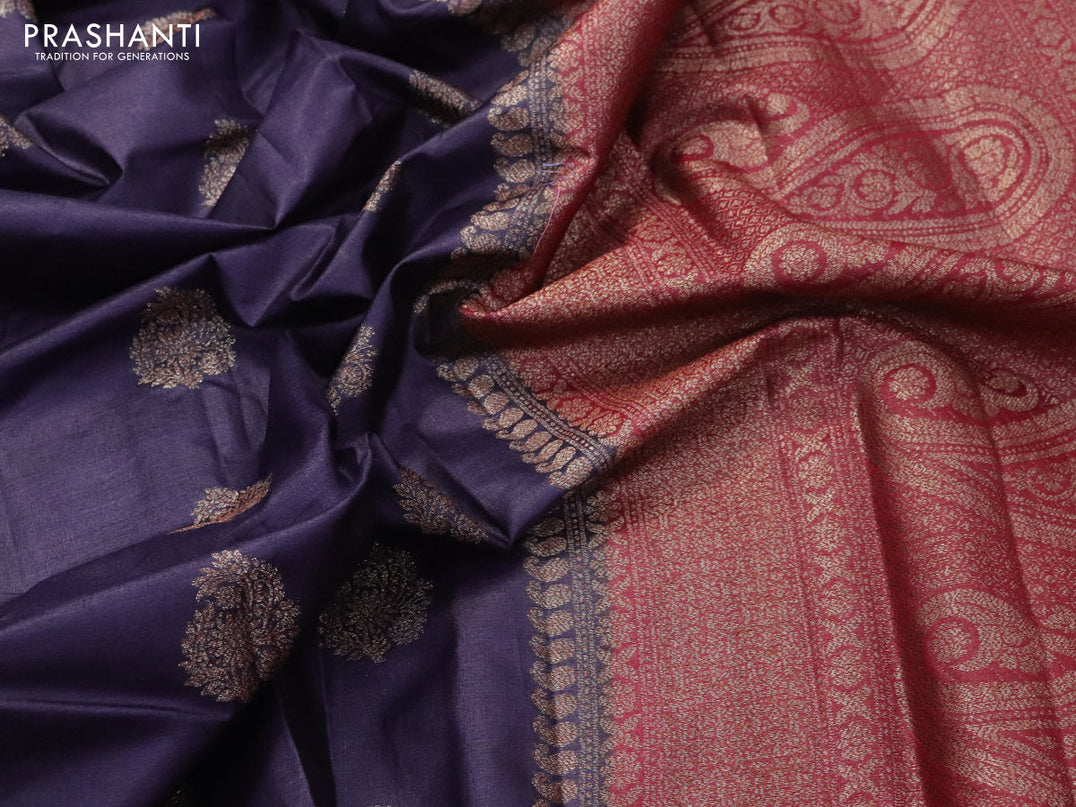 Banarasi tussar silk saree dark blue and maroon with thread & zari woven buttas and woven border
