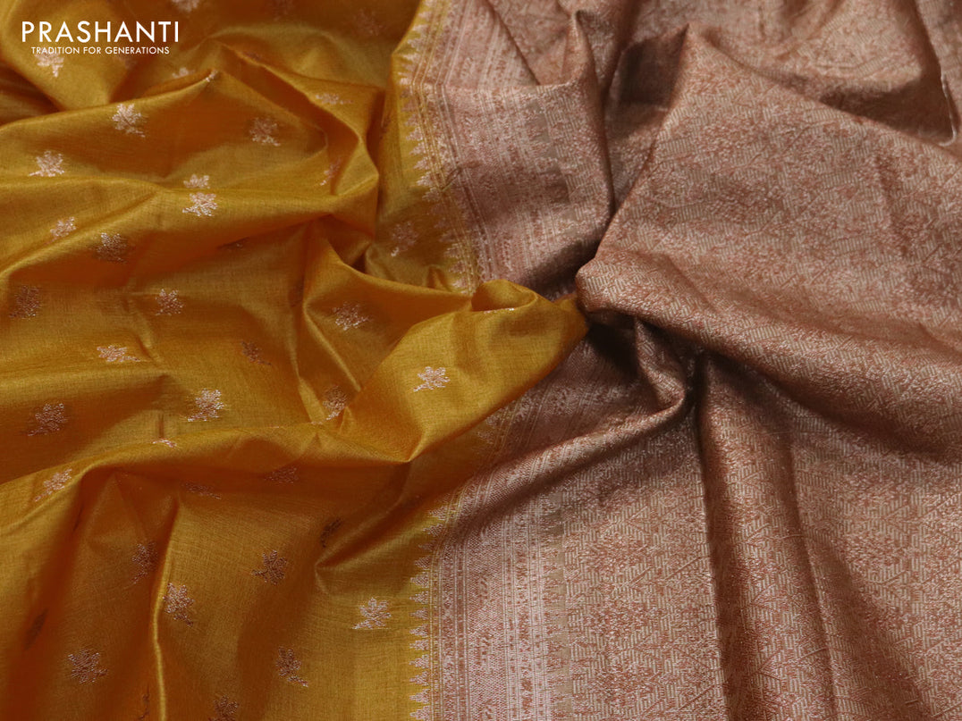 Banarasi tussar silk saree mustard yellow and pastel brown with thread & zari woven leaf buttas and woven border