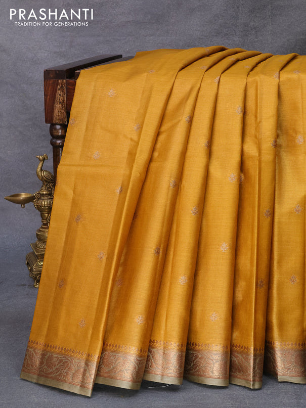 Banarasi tussar silk saree mustard yellow and beige with allover thread & zari woven buttas and woven border