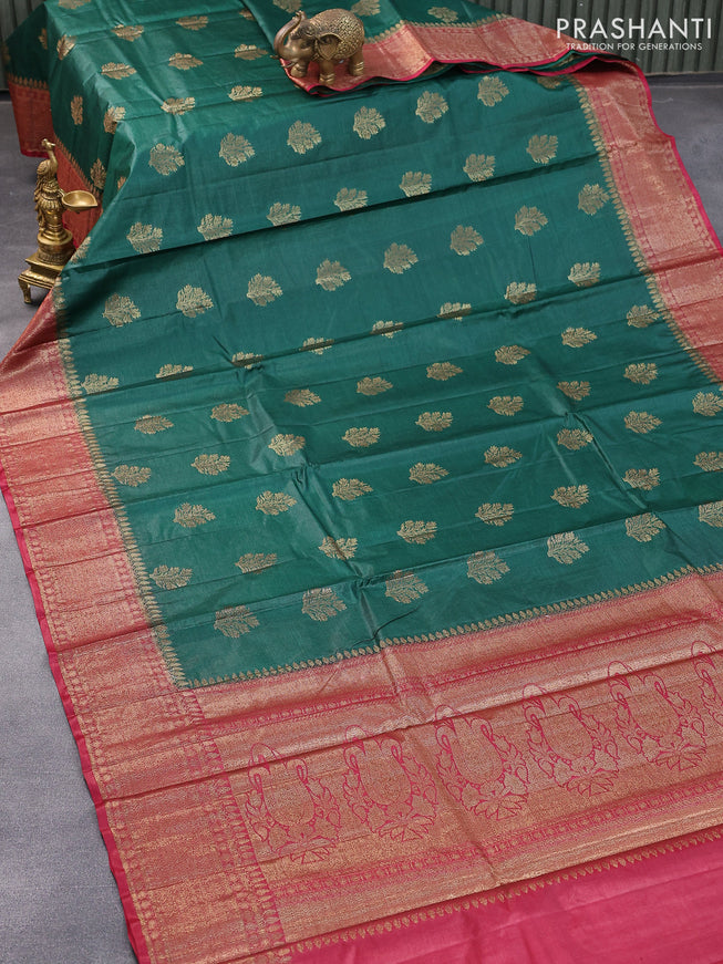 Banarasi tussar silk saree green and maroon with thread & zari woven buttas and woven border
