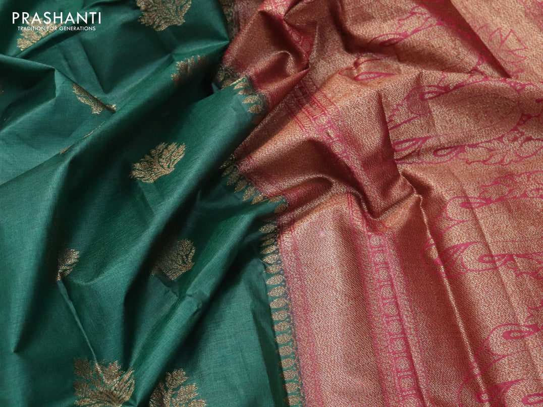 Banarasi tussar silk saree green and maroon with thread & zari woven buttas and woven border