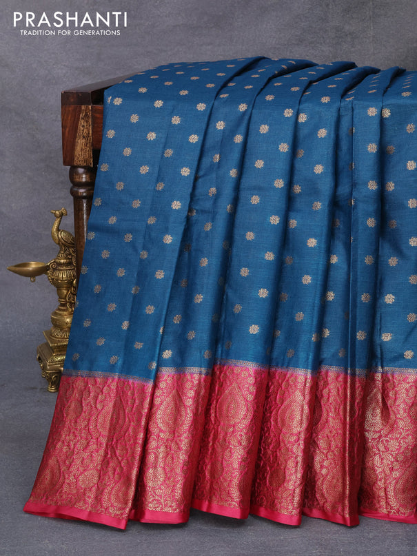 Banarasi tussar silk saree peacock blue and dark pink with allover thread & zari woven buttas and woven border