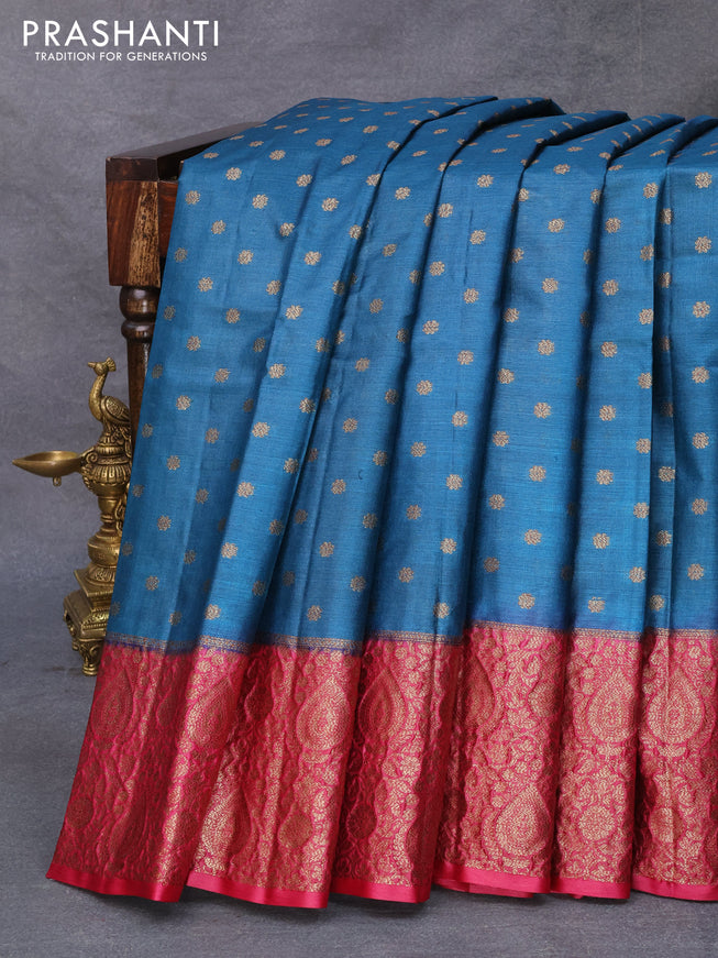 Banarasi tussar silk saree peacock blue and dark pink with allover thread & zari woven buttas and woven border