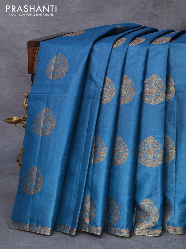 Banarasi tussar silk saree peacock blue and dark pink with thread & zari woven buttas and small woven border
