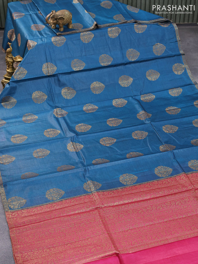 Banarasi tussar silk saree peacock blue and dark pink with thread & zari woven buttas and small woven border