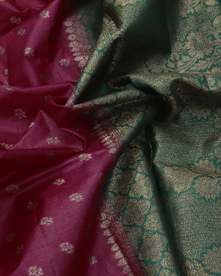 Banarasi tussar silk saree maroon and green with allover thread & zari woven floral buttas and woven border