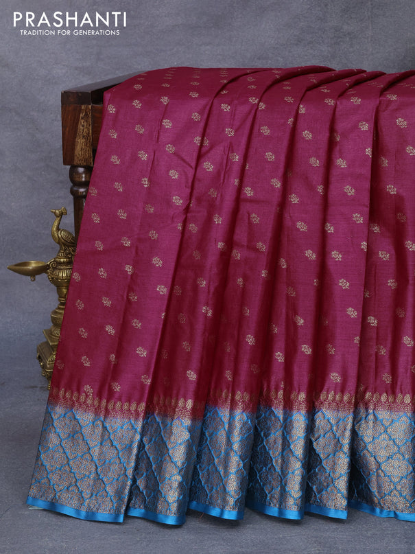 Banarasi tussar silk saree magenta pink and cs blue with allover thread & zari woven floral buttas and woven border