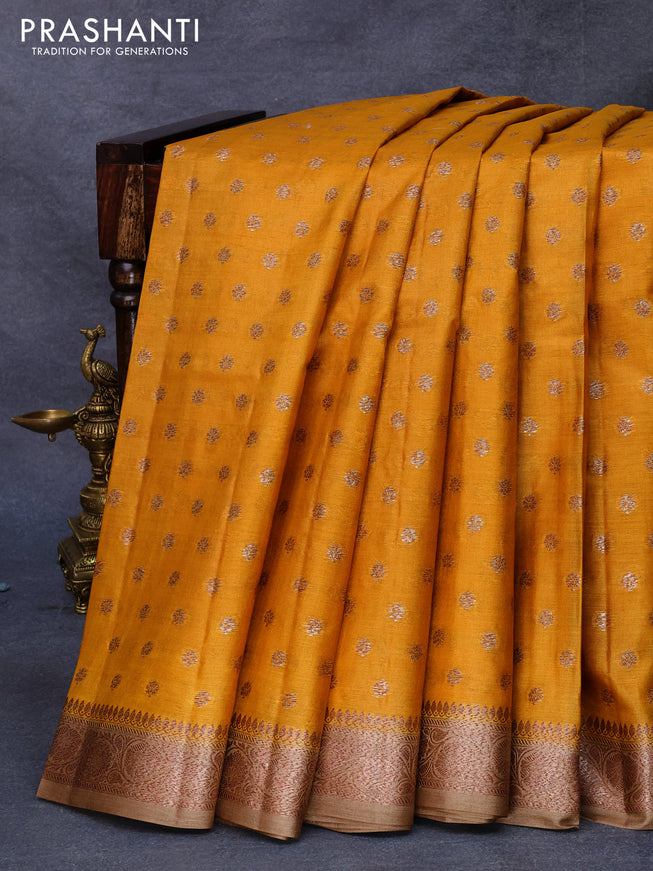 Banarasi tussar silk saree mustard yellow and sandal shade with allover thread & zari woven buttas and woven border