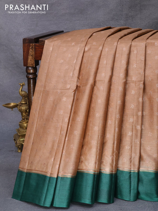 Banarasi tussar silk saree sandal and green with allover thread & zari woven buttas and woven border