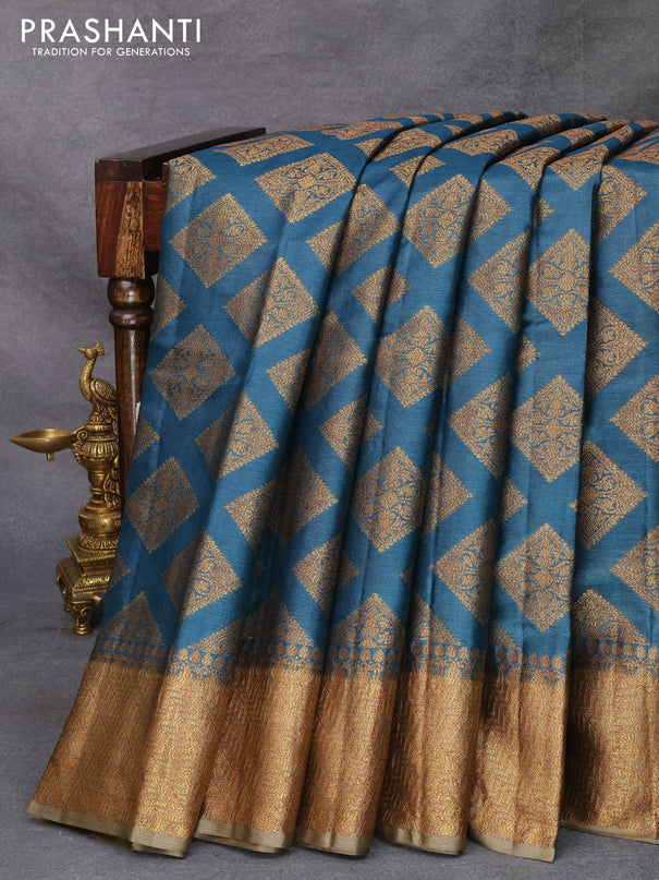 Banarasi tussar silk saree peacock blue and military green with allover thread & zari woven geometric buttas and woven border