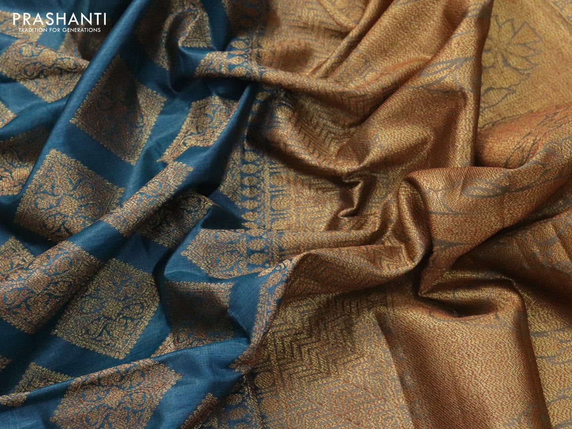 Banarasi tussar silk saree peacock blue and military green with allover thread & zari woven geometric buttas and woven border