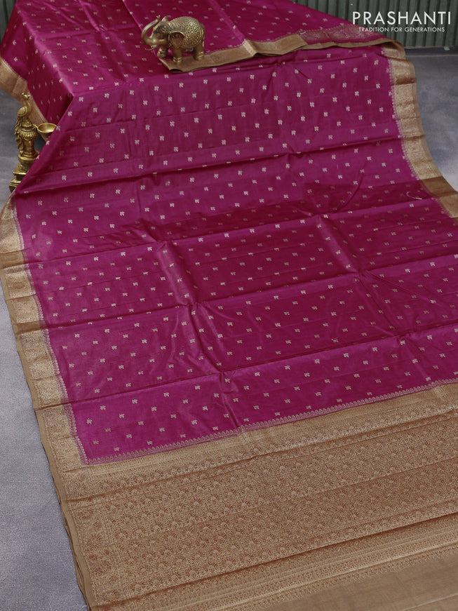 Banarasi tussar silk saree magenta pink and pastel brown with allover thread & zari woven leaf buttas and woven border