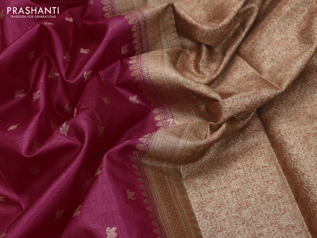 Banarasi tussar silk saree dark pink and military green with allover thread & zari woven leaf buttas and woven border