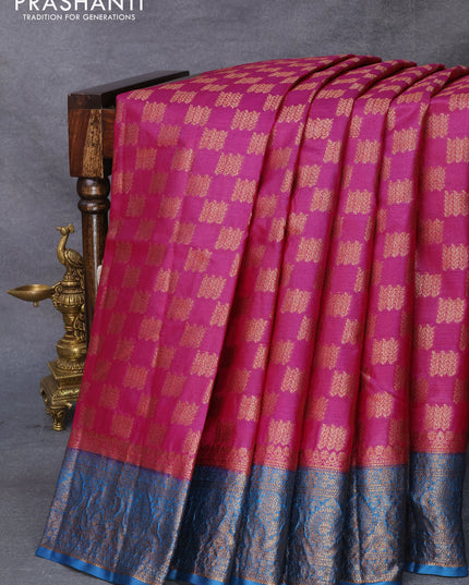Banarasi tussar silk saree magenta pink and peacock blue with allover thread & zari weaves and woven border