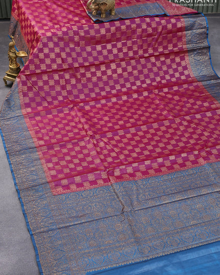 Banarasi tussar silk saree magenta pink and peacock blue with allover thread & zari weaves and woven border
