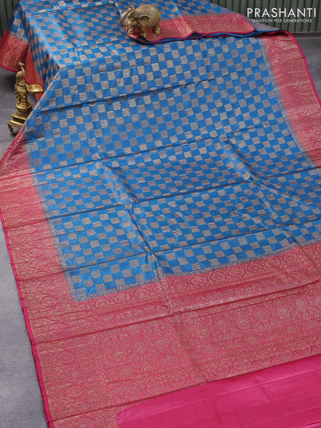 Banarasi tussar silk saree peacock blue and dark pink with allover thread & zari weaves and woven border