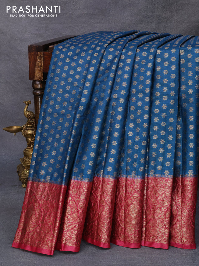 Banarasi tussar silk saree cs blue and maroon with allover thread & zari woven floral buttas and woven border