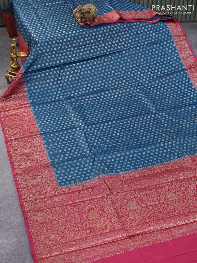 Banarasi tussar silk saree cs blue and maroon with allover thread & zari woven floral buttas and woven border
