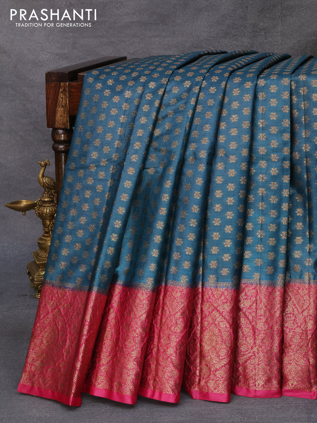 Banarasi tussar silk saree peacock blue and pink with allover thread & zari woven floral buttas and woven border