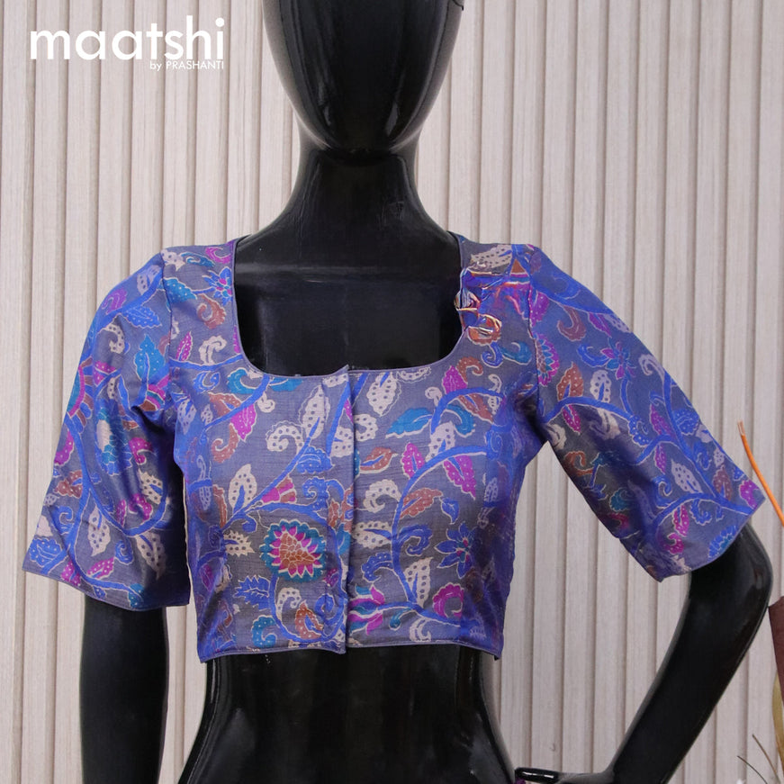 Raw silk readymade blouse dual shade of bluish grey with allover floral prints and back knot