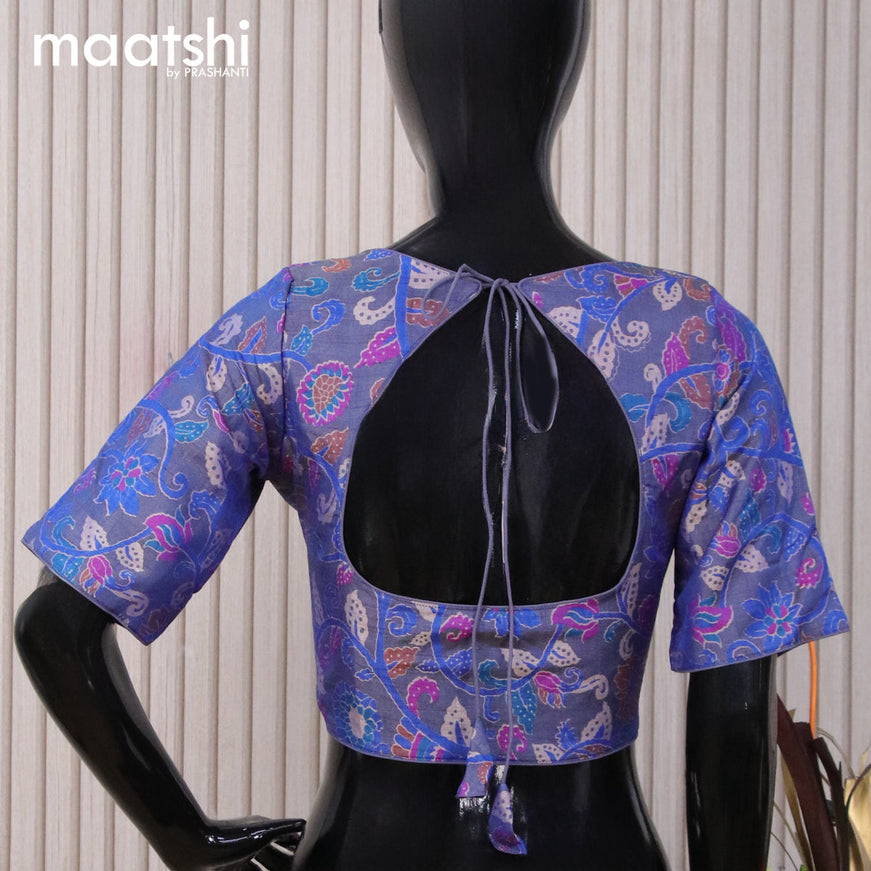 Raw silk readymade blouse dual shade of bluish grey with allover floral prints and back knot